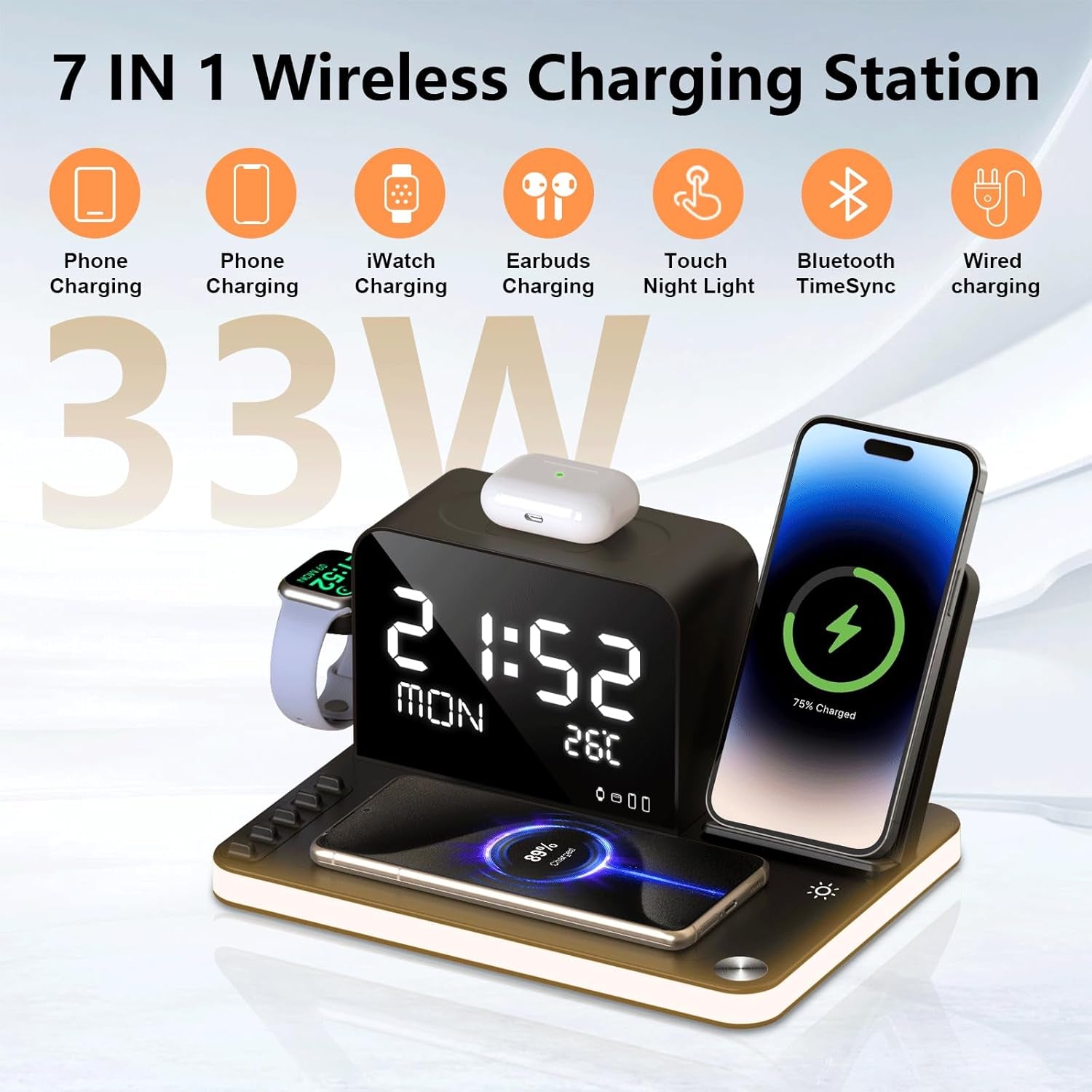 Ultimate 7 in 1 Dual Phone Wireless Charging Station with Clock and Adjustable Night Light - Fast 33W Charger for iPhone 17/16/15/14/13/12 Pro Max, Apple Watch, AirPods, and Samsung Devices